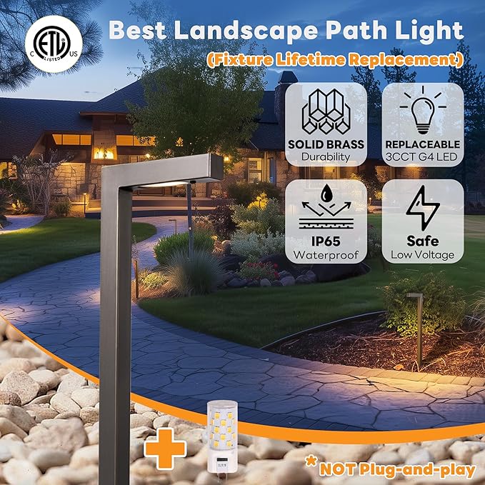 Outdoor Brass Pathway Lights, Warm & Neutral White Adjustable Low Voltage Landscape Path Light, 12v LED Light IP65 Waterproof, Bronze for Outside Garden Yard with G4 Bulb (4 Pack)
