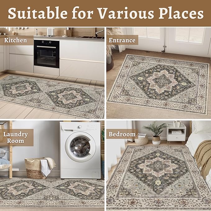 Tangsoo Area Rug 3x5 Bedroom Rug, Washable Vintage Rugs Indoor, Non Slip Accent, Print Distressed Brown/Grey Carpet, Soft Low Pile for Living Room Dorm Bedroom Bedside Entryway Bathroom