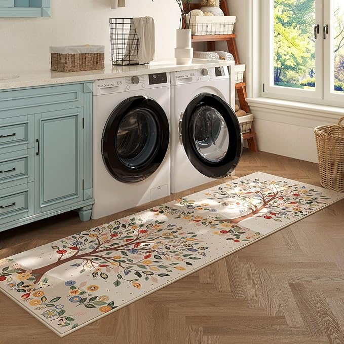 Runner Rug for Kitchen Rug Non Slip 2'x6' Washable Rugs Floral Tree with Rubber Backing Bohemian Soft Carpet Runner for Kitchen, Laundry, Bedroom, Bathroom, Beige