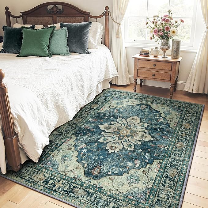 Area Rugs 5'x7' Washable Non-Slip, Floral Vintage Distress Print Pattern Medallion Carpet for Living Room Bedroom Dining Room, Dark Blue Vintage