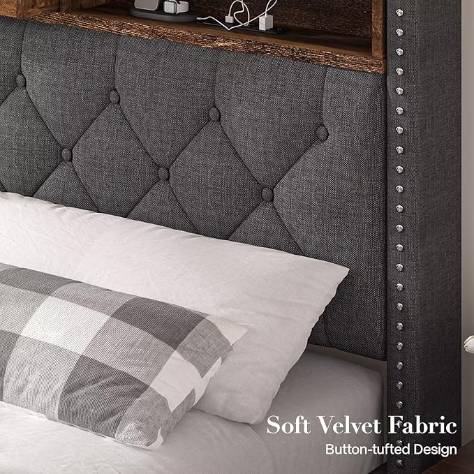 Queen Size Bed Frame, Linen Storage Headboard with LED Light & Charging Station, Upholstered Platform Bed with 2 Storage Drawers, Steel Slats Support, No Box Spring Needed, Grey