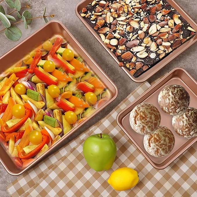 3 Pcs Baking Sheet Set, Cookie Sheets For Baking with Square Texture Pattern, Thicker Carbon Steel Non-stick Bake Pan Roll Pans Tray for Oven (9''/11''/13'')