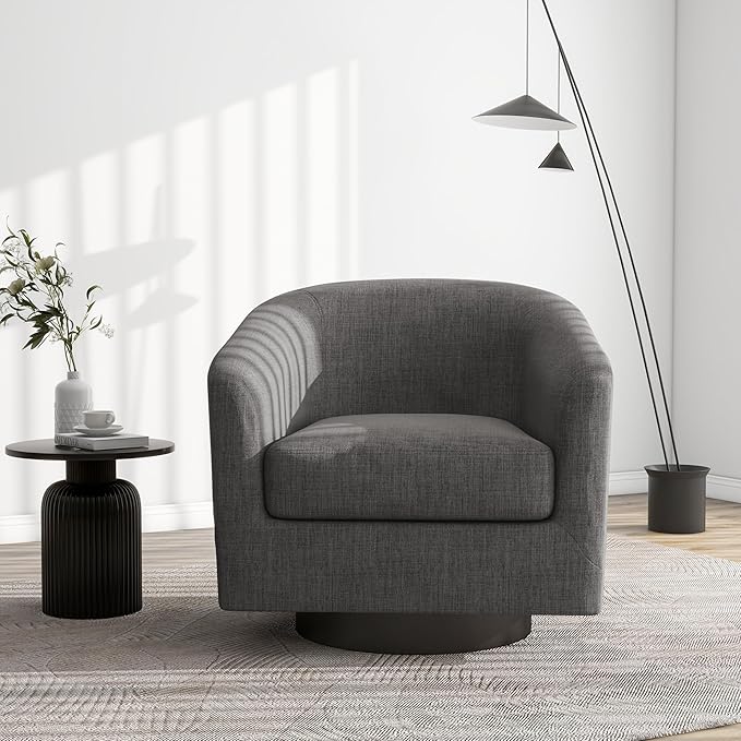 Swivel Barrel Accent Chair, Modern Round Linen Arm Chair for Living Room, Bedroom, Comfy Club Reading Chairs for Adults（Linen Fabric, Grey, Set of 1