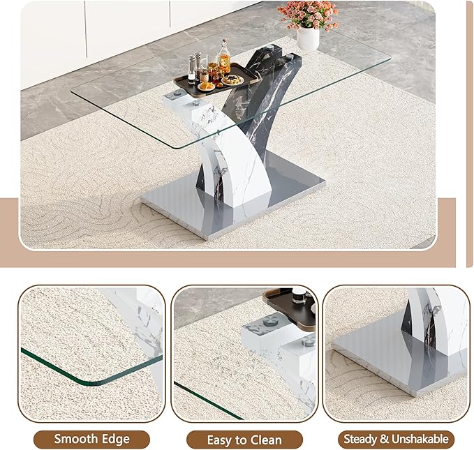 Glass Dining Table Set for 6, 63” Kitchen Table Set for 6, Modern Dining Room Table Set with Upholstered Chairs, Tempered Glass Tabletop with Y Shape Base