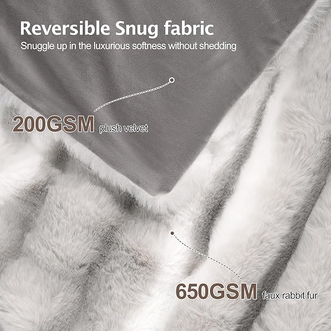 Faux Rabbit Fur Throw Blanket – 850GSM Thick & Warm, Ultra Soft Plush Blanket for Couch, Bed, Sofa, Ideal Gift for Women, 60" × 80", Grey