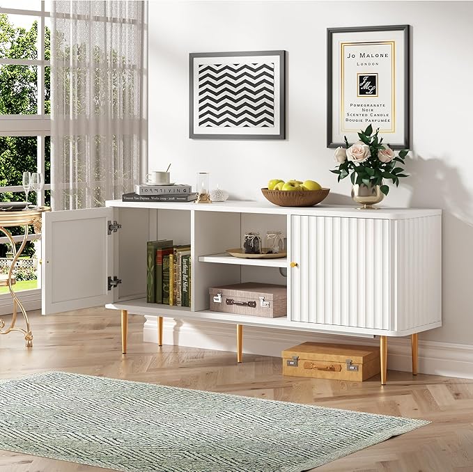 ARTPOWER 55” Fluted TV Stand, Mid Century Modern White TV Stand for 55/60/65 inch TV, Entertainment Center with Storage, Television Stands, TV Console, Media Console for Living Room, Bedroom