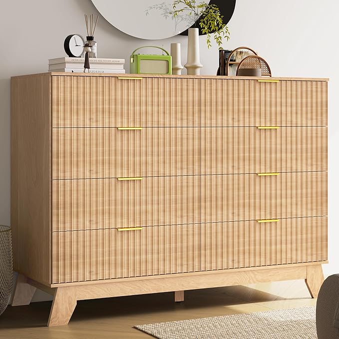 Fluted Dresser for Bedroom, 8 Drawer Dressers & Chest of Drawers, Mid Century Modern Dresser for Closet Boho Bedroom Furniture, Nature Wood Chest of Drawers Storage Organizer for Living Room