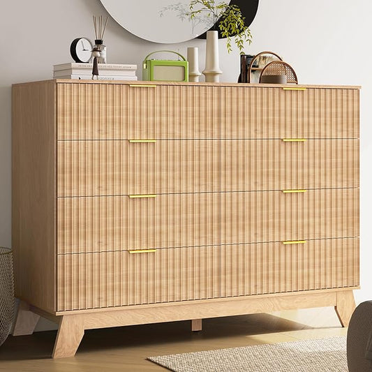 Fluted Dresser for Bedroom, 8 Drawer Dressers & Chest of Drawers, Mid Century Modern Dresser for Closet Boho Bedroom Furniture, Nature Wood Chest of Drawers Storage Organizer for Living Room
