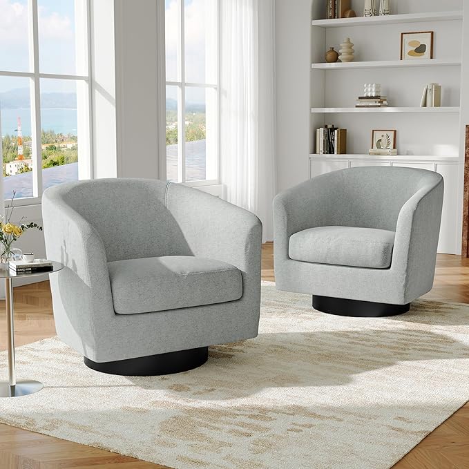 Swivel Barrel Accent Chair, Modern Round Chenille Fabric Arm Chair for Living Room, Bedroom, Comfy Club Reading Chairs for Adults（Chenille Fabric, Light Grey, Set of 2