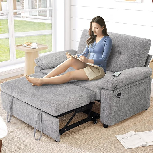 Vipbear 58" Convertible Sofa Bed, 3-in-1 Pull Out Sleeper Sofa with USB Ports & Adjustable Backrest, Loveseat with Side Pocket for Living Room, Apartment, Tool-Free Assembly, Chenile Light Grey