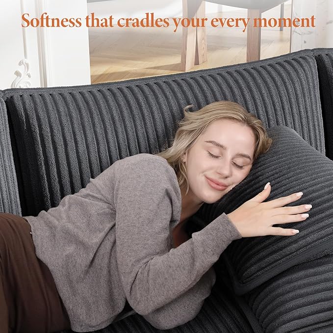 Vesgantti 109" L Shaped Cloud Sectional Couch, Comfy Corduroy Upholstered Modular Couches for Living Room, Modern 3 Seater Sectional Sofa with Ottoman Deep Seat, Dark Grey