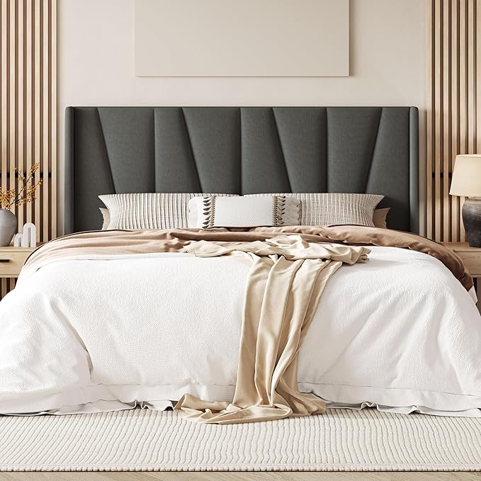 Allewie King Size Platform Bed Frame with Geometric Wingback Headboard, Modern Upholstered Bed with Wooden Slats Support, No Box Spring Needed, Easy Assembly, Dark Grey