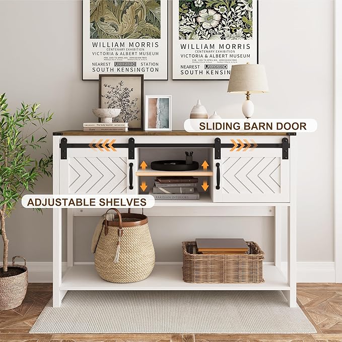 Console Table with Storage Shelf & Sliding Barn Door, Farmhouse Entryway Table with Storage, 46" Narrow Long Sofa, Behind Couch, Console Tables for Living Room, White and Rustic Oak