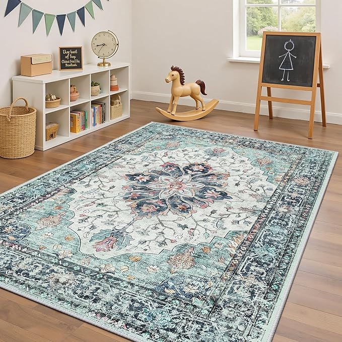 Area Rugs 5'x7' Washable Non-Slip, Floral Vintage Distress Print Pattern Medallion Carpet for Living Room Bedroom Dining Room, Green Navy Blue White Red Teal Colorful