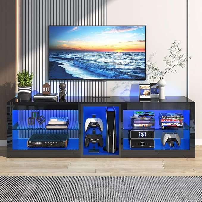 Vinctik 6&Fox LED TV Stands w/Power Outlet,60,00-Colors Lighting for 60 65in TV, 55" Modern High Gloss Entertainment Center,TV Console W/Adjustable Glass Shelves for Living Room Game Bedroom (Black)