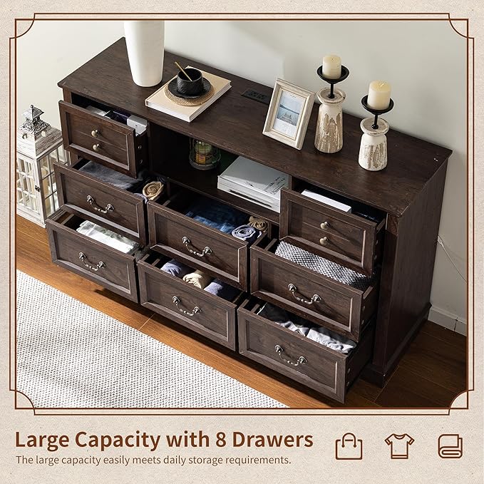 Dresser for Bedroom with Charging Station & Led Lights,55.02" TV Stand with 8 Drawers,Dressers & Chests of Drawers with Open Shelves,Hallway,Closet 55.02" W x 34.53" H x 15.77" D Brown