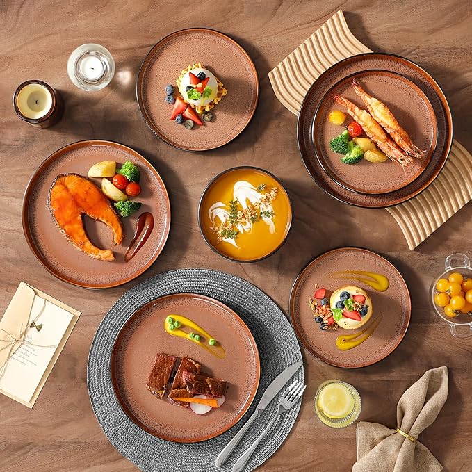 vancasso Plates and Bowls Sets, 18 Pieces Stoneware Dinnerware Sets for 6, Kitchen Dish Set Mircowave and Dishwasher Safe Dinner Set Ceramic Dishware, Brown, Series AMBER
