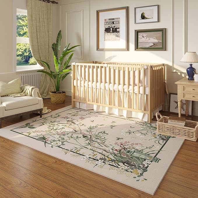 4x6 Rug Chinoiserie-Style Floral Vintage Washable Area Rugs Non Slip Low Pile Small Carpet for Bedroom, Bedside, Kids Room, Office, Dining Room, Beige