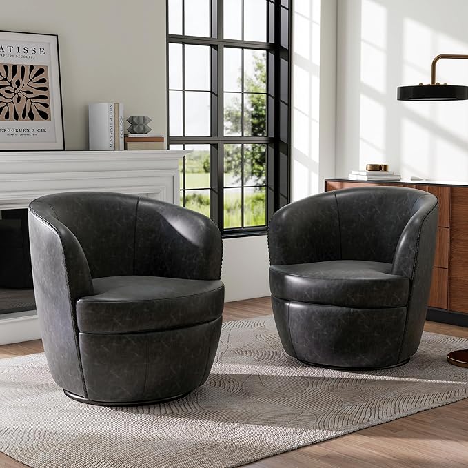 Swivel Barrel Chair, Modern Round PU Leather Accent Armchair for Living Room, Bedroom, Comfy Club Reading Chairs for Adults (Leather Black Grey, Set of 1)