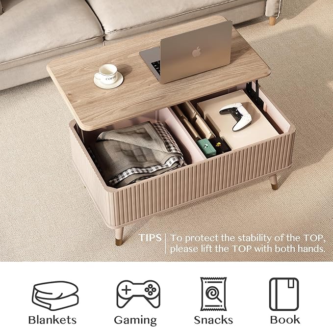 Lift Top Coffee Table with Storage,Mid Century Modern Coffee Table,Fluted Wood Rectangle Center Table for Living Room,Home Office,Natural Oak