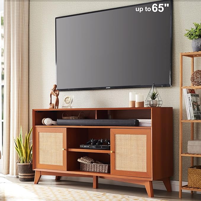 OKD TV Stand for 65+ Inch TV, 32'' Tall Highboy Entertainment Center, Mid Century Modern Media TV Console with Natural Rattan Door, Adjustable Shelves, Boho Television Stand, Cherry