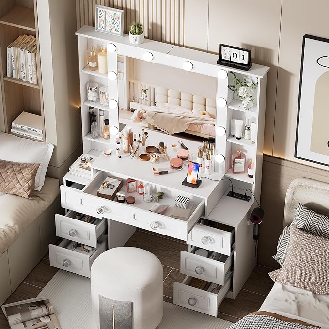Farmhouse Makeup Vanity with Lighted Mirror & Charging Station, Vanity Desk Dresser Table with 3 Lighting Modes Brightness Adjustable,Drawers,Hair Dryer Stand for Bedroom,White(No Stool)