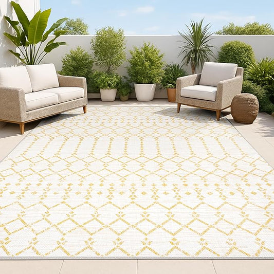 JONATHAN Y Moroccan Geometric Indoor Outdoor Area Rug 5X8 Cream/Yellow, Ourika Textured Weave for Backyard, Patio, Porch, Easy-Cleaning, High Traffic, Pet-Friendly, Non-Shedding (SMB108J-5)