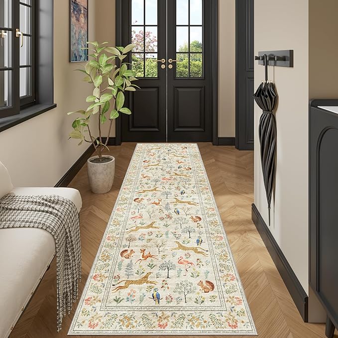 DUKINO 2.6x8 Rug for Hallway, Washable Kitchen Runner Rug with Non Slip Backing, Soft Low Pile Vintage Animal Runner for Bedroom, Kitchen, Hallway, Entryway, Laundry, Beige