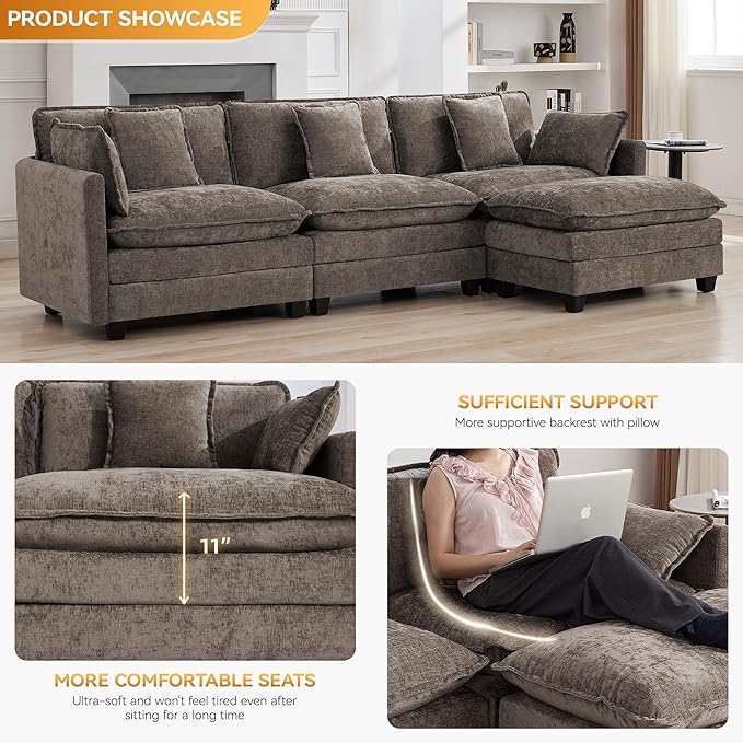 111'' Sectional Cloud Deep Seat Couch, Modern Comfy Chenille L Shaped Sectional Sofa for Living Room Set, Upholstered Modular 3-Seats Sofa Couch with 1 Movable Ottoman, Brown