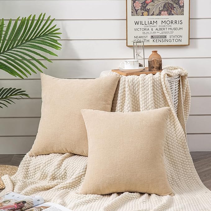 GAWAMAY Decorative Square Throw Pillow Covers 18"x18" Inch Set of 2, Super Soft Chenille Pillows Farmhouse Fall Pillowcase for Living Room Bedroom Sofa Couch Cushion Cover Beige 45x45cm (No Insert)