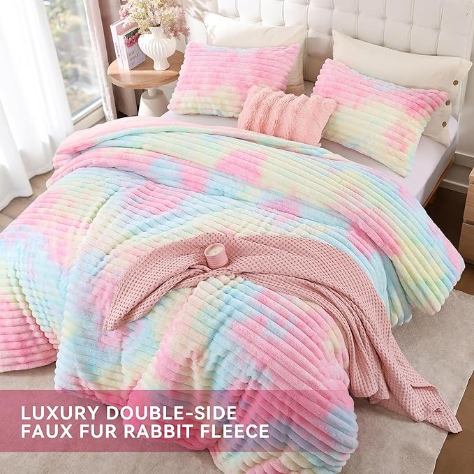Smoofy Fluffy Twin Comforter Sets 2 Pieces - Rainbow Fleece Fluffy Comforter Set, Luxury Fuzzy Twin Bedding Set, Soft Warm Comforter All Season, Heavy Faux Fur Comforter with Pillow Cases