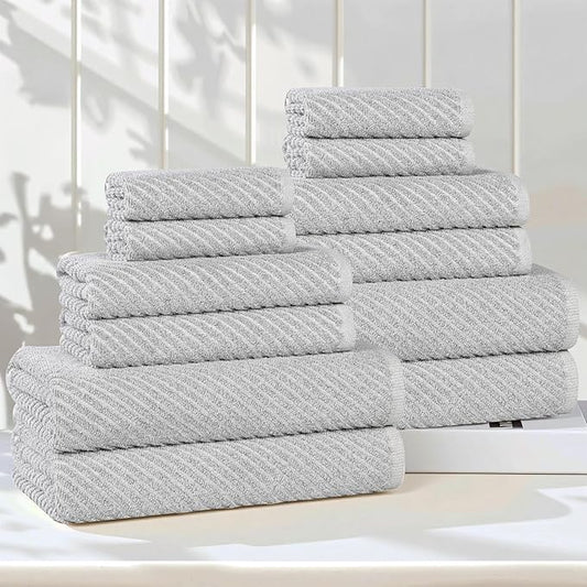 Superior Amelia Viscose Cotton Blend Medium Weight Towels, Guest Bath, Bathroom, Shower, Spa, Plush, Quick Dry, Ultra-Soft Towels, Bath Essentials, Ribbed Design, 12 Piece Assorted Towel Set, Platinum