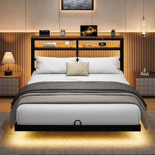 Floating Bed Frame Full with LED Lights &USB Charging Station – Modern Platform Bed with 2 Tier Storage Headboard, Metal Slat Support, No Box Spring, Easy Assembly, Noise-Free, Black
