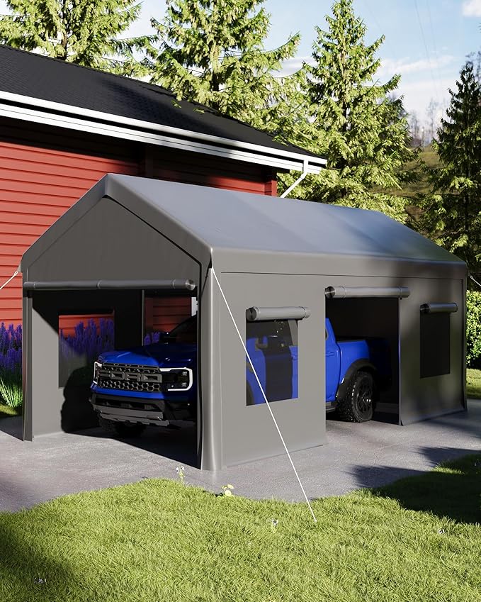 10 x 20 FT Carport Clearance, Heavy Duty Carport Canopy with Roll Up and Down Mesh Window, Outdoor Portable Garage with Removable Sidewalls, All Season Tarp for Car, Boat, Truck, Motorcycle (Gray)