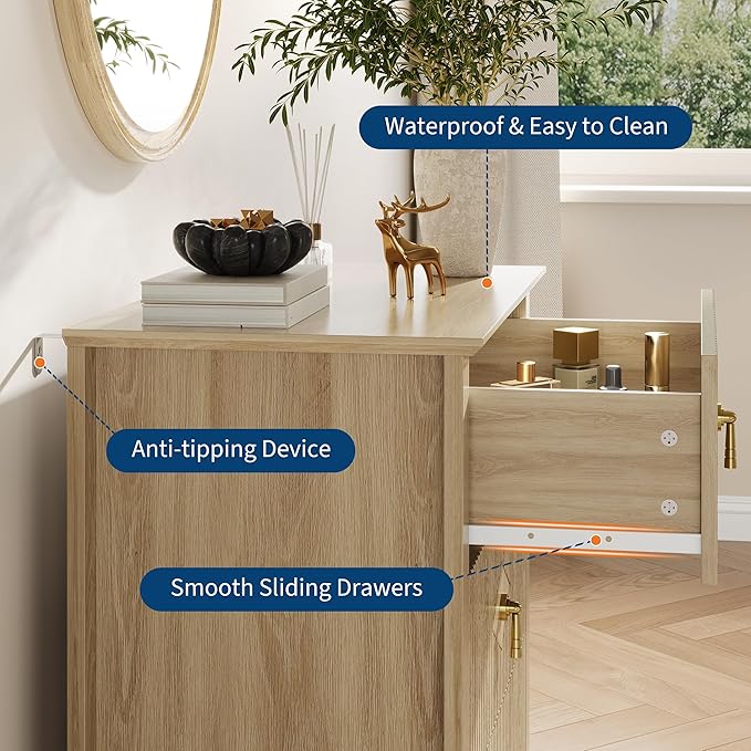 GarveeHome Wood Nightstand Fluted Dresser for Bedroom, 27.5" Wide 3-Drawer Bedside Tables, Modern Chest of Drawers, Storage End Table Living Room, Hallway, Entryway, Natural Oak