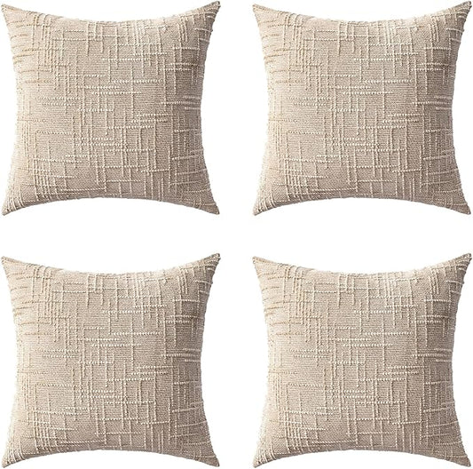 Decorative Throw Pillow Covers 18x18 Inch Set of 4, Soft Solid Farmhouse Chenille Couch Pillows, Spring Pillow Covers for Couch Sofa Bed Living Room Home Decor Pillowcase, Light Khaki