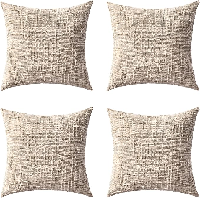Decorative Throw Pillow Covers 20x20 Inch Set of 4, Soft Solid Farmhouse Chenille Couch Pillows, Spring Pillow Covers for Couch Sofa Bed Living Room Home Decor Pillowcase, Light Khaki