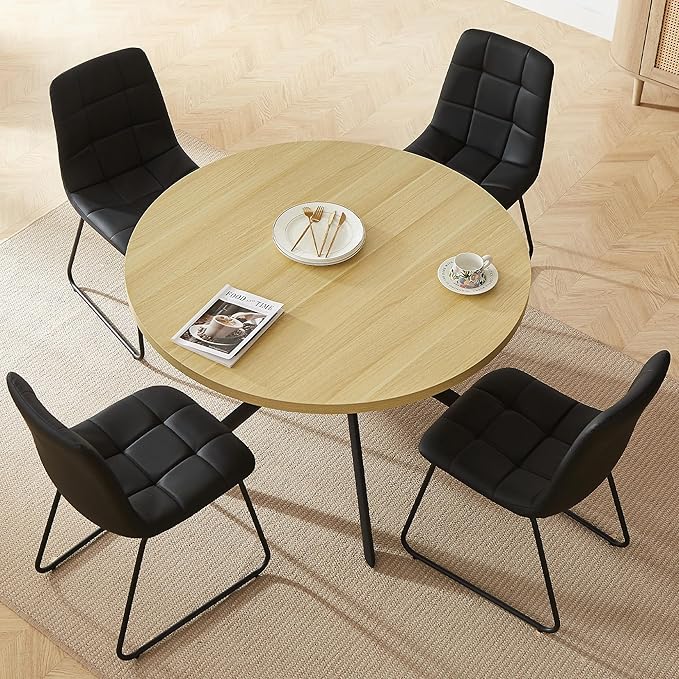 45.3 Inch Round Dining Table Set for 4, Mid Century Modern Small Coffee Set for Dining Room Kitchen Apartment (Cream Table + 4 U-Shaped Black Chairs)