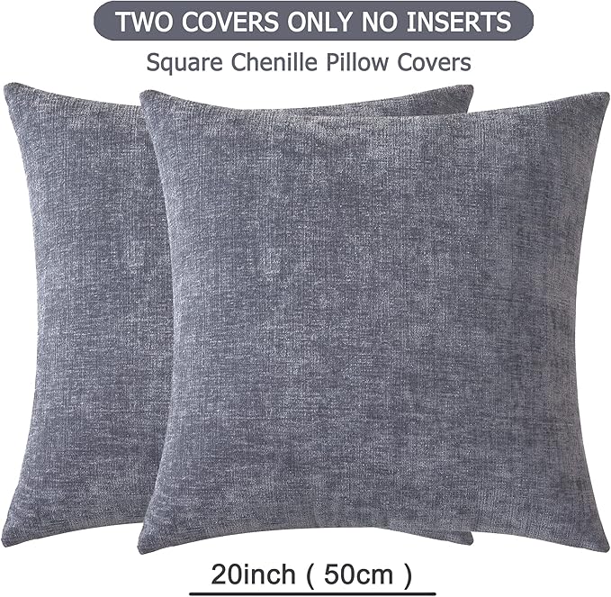 GAWAMAY Decorative Square Throw Pillow Covers 20"x20" Inch Set of 2, Super Soft Chenille Pillows Cover Fall Pillowcase for Living Room Bedroom Sofa Couch Cushion Cover Grey 50x50cm (No Insert)