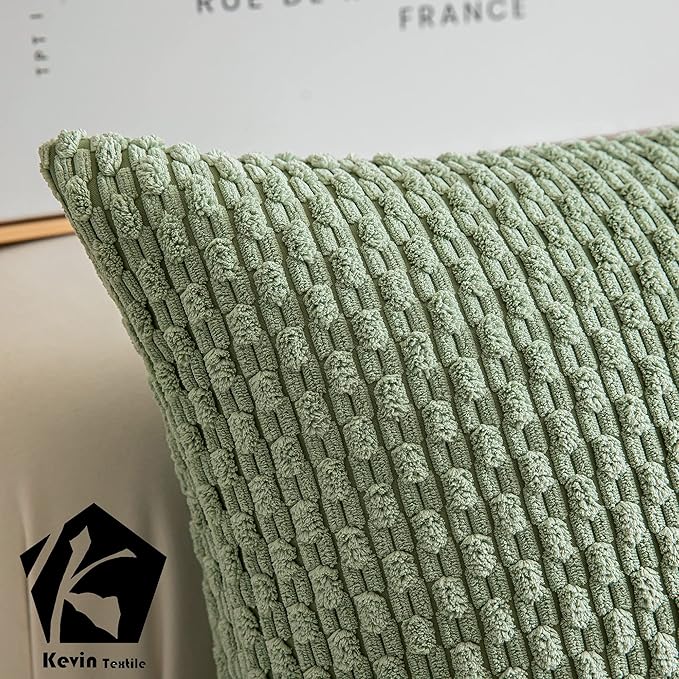 Kevin Textile 24x24 Pillow Covers 2 Packs Decorative Throw Pillow Covers with Stripe Pattern Spring Super Soft Corduroy Square Solid Cushion Cover for Couch Sofa Bedroom Living Room Sage Green