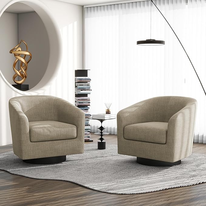 Swivel Barrel Accent Chair, Modern Round Linen Arm Chair for Living Room, Bedroom, Comfy Club Reading Chairs for Adults, Linen Fabric, Light Brown, Set of 2