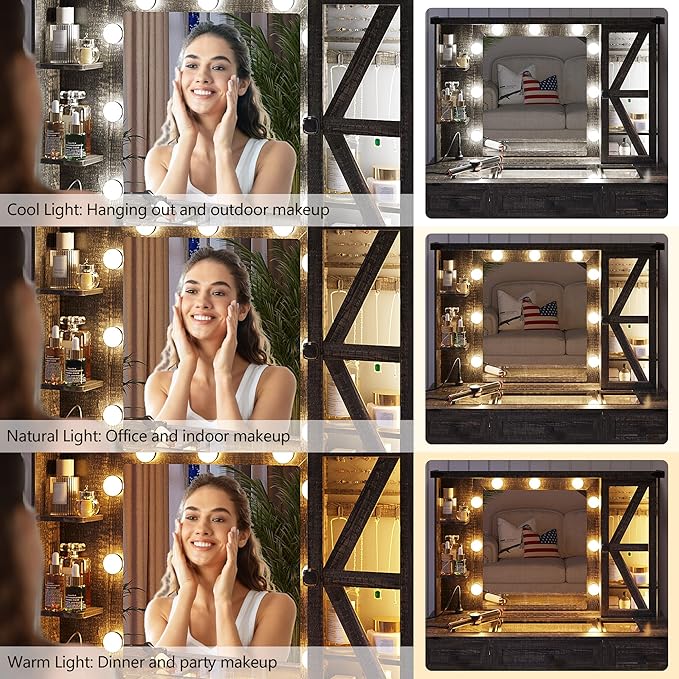 Makeup Vanity Desk Set with Mirror and Lights, Farmhouse Vanity Table with 6 Drawers/Large Storage, Brown Dressing Table 3 Colors Adjustable Lighting Brightness & Charging Station for Women