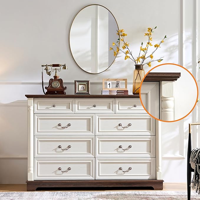 Farmhouse 9 Drawer Dressers for Bedroom, 54" Wood Dresser with Deep Drawers & Roman Column, Big Chest of Drawers for Living Room, Hallway, Antique White