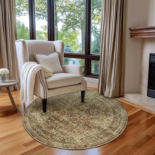 FMFUNCTEX 3ft Round Washable Area Rug Brown Vintage Neutral Distressed Small Non Slip Carpet for Living Room Bedroom Soft Low Pile Indoor Mat Retro Floral Throw Rug for Entryway Bathroom Bedside