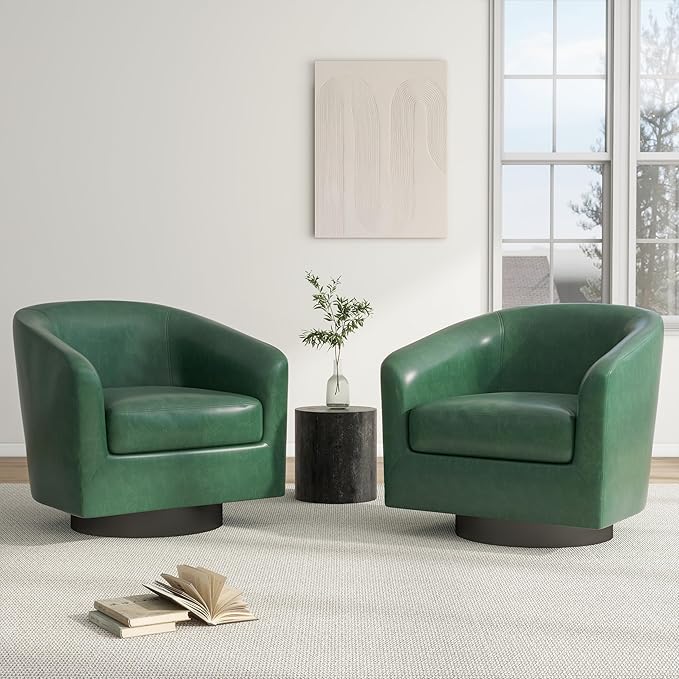 Swivel Barrel Accent Chair, Modern Round Faux Leather Arm Chair for Living Room, Bedroom, Comfy Club Reading Chairs for Adults(Faux Leather, Green, Set of 2)