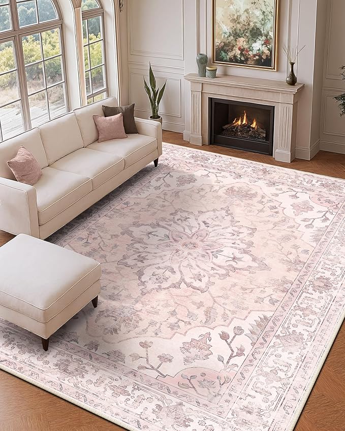 Area Rugs 10'x14' Washable Non-Slip, Floral Vintage Distress Print Pattern Medallion Carpet for Living Room Bedroom Dining Room, Pink Greypink Cute