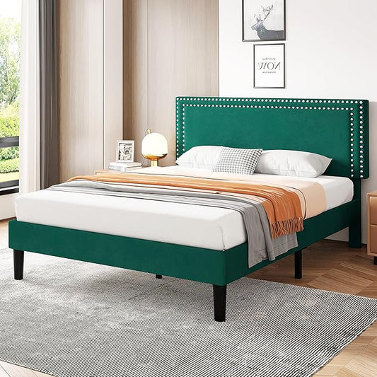 VECELO Full Size Bed Frame with Adjustable Upholstered Headboard, Wooden Slats Platform, Noise-Free Design, Easy Assembly