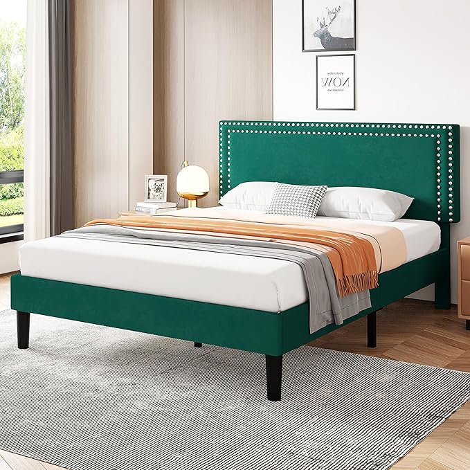 VECELO Queen Size Bed Frame with Adjustable Upholstered Headboard, Wooden Slats Platform, Noise-Free Design, Easy Assembly
