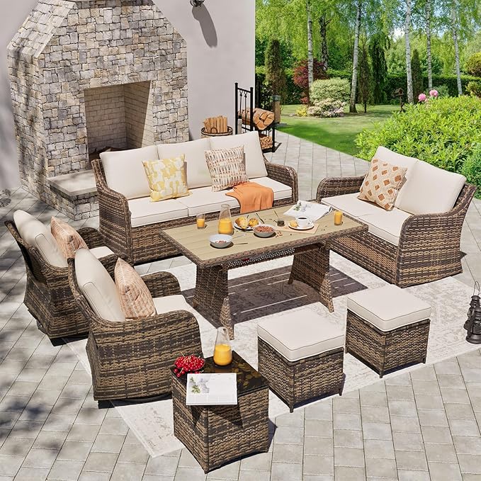 8 Pieces Patio Furniture Set with Swivel Rocking Chairs, Patio Conversation Set with Dining Table, Patio Dining Set with Waterproof Cushions for Lawn Backyard Porch (Brown)