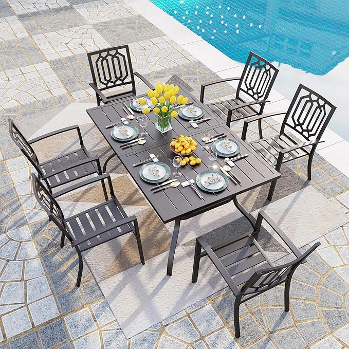 PHI VILLA 7 Pieces Patio Dining Set, Outdoor Dining Table Set for 7 with Stackable Patio Dining Chairs, Patio Table and Chairs Set for Outsides, Black Style 2